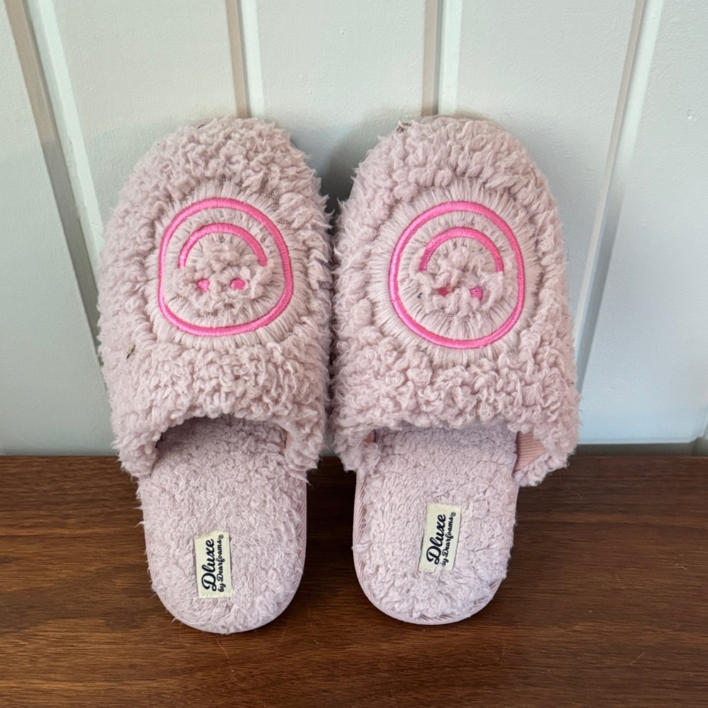 Pink Fuzzy Slippers with Smiley Face